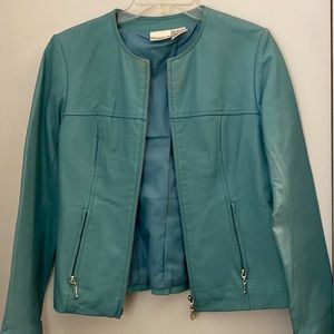 Ladies teal color leather jacket
